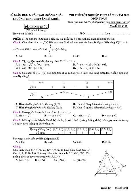 Đề thi thử TN THPT 2026 môn Toán lần 2 trường chuyên Lê Khiết – Quảng Ngãi